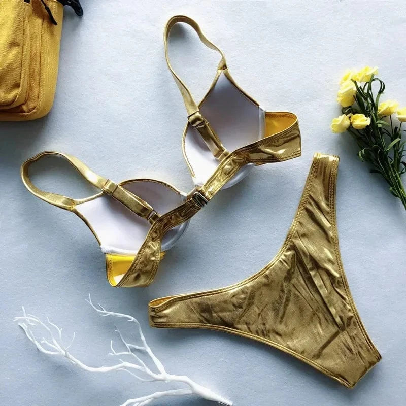 Metallic Summer Push Up Padded Bra Bathing Suit Beach Wear Women Sexy Thong Bikini Set Silver Gold Biquini Swimwear - A-1 Thread Vault