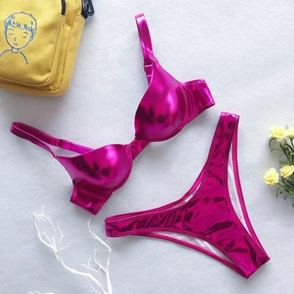 Metallic Summer Push Up Padded Bra Bathing Suit Beach Wear Women Sexy Thong Bikini Set Silver Gold Biquini Swimwear - A-1 Thread Vault