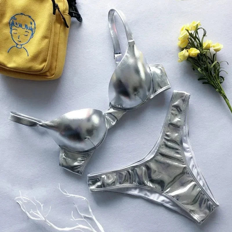 Metallic Summer Push Up Padded Bra Bathing Suit Beach Wear Women Sexy Thong Bikini Set Silver Gold Biquini Swimwear - A-1 Thread Vault