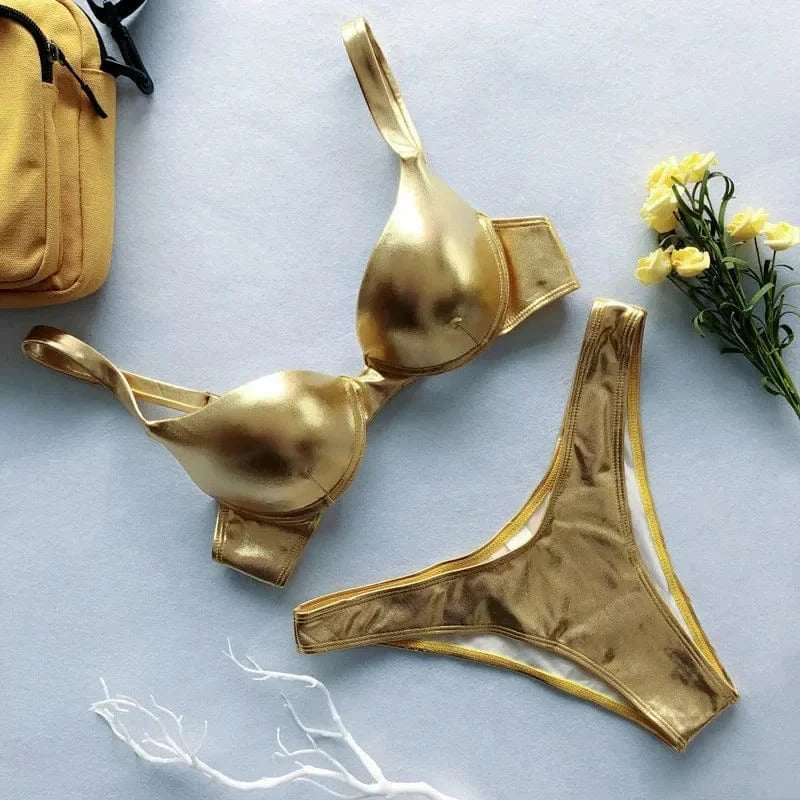Metallic Summer Push Up Padded Bra Bathing Suit Beach Wear Women Sexy Thong Bikini Set Silver Gold Biquini Swimwear - A-1 Thread Vault