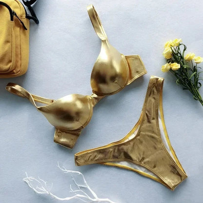 Metallic Summer Push Up Padded Bra Bathing Suit Beach Wear Women Sexy Thong Bikini Set Silver Gold Biquini Swimwear - A-1 Thread Vault