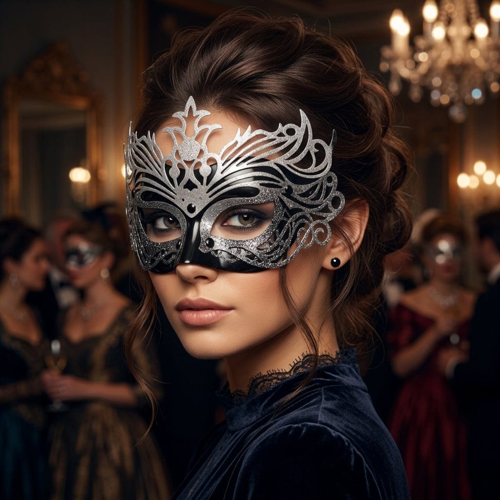 Midnight Elegance: Black & Silver Masquerade Mask - A-1 Thread Vault