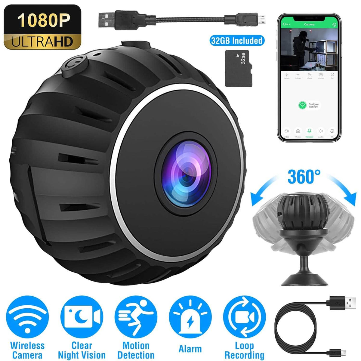 Mini Wireless Camera Wifi IR Night Vision HD 1080P Home Security - A-1 Thread Vault