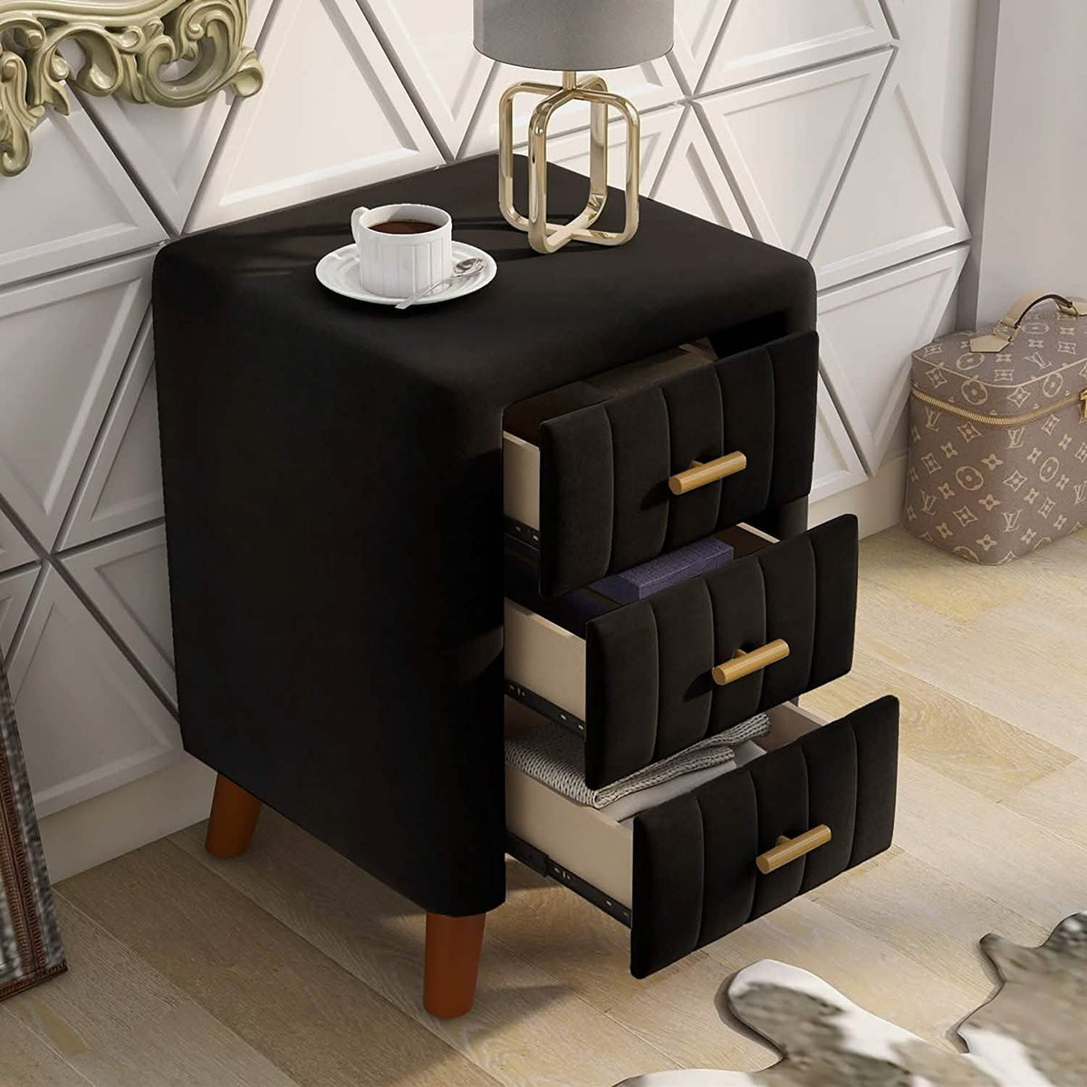 Modern Bedside Velvet Upholstered 3-Drawer Nightstand with Metal Handles - A-1 Thread Vault