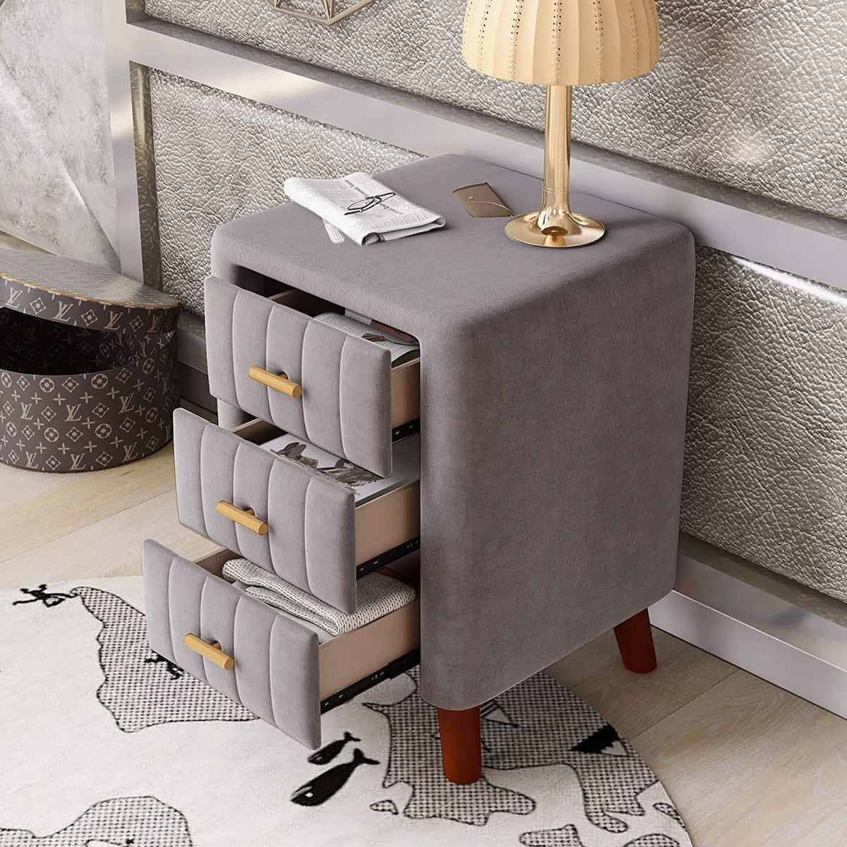 Modern Bedside Velvet Upholstered 3-Drawer Nightstand with Metal Handles - A-1 Thread Vault