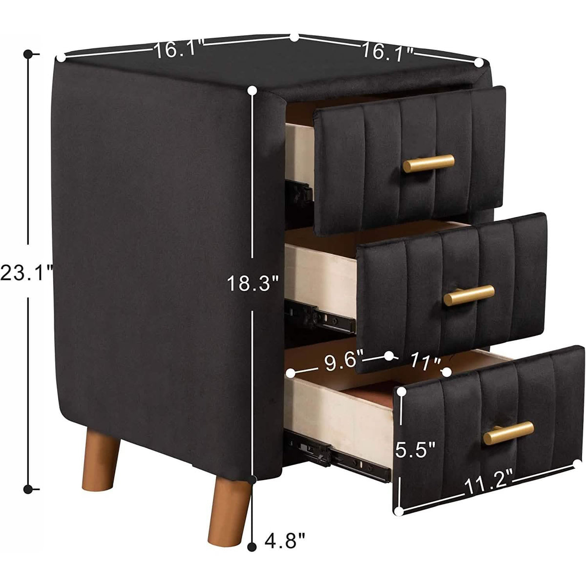 Modern Bedside Velvet Upholstered 3-Drawer Nightstand with Metal Handles - A-1 Thread Vault