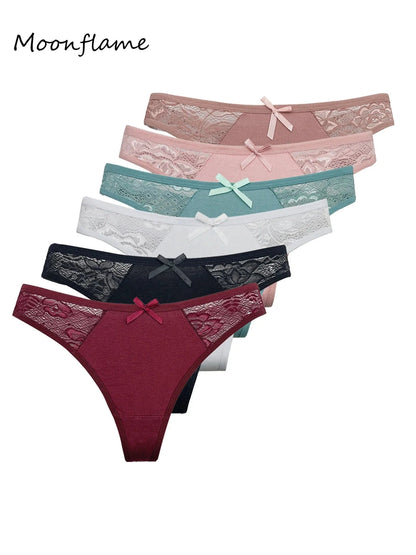 Moonflame 5Pcs Women Cotton Lace Thongs Sexy Low Waist Panties Solid Comfort Underwear Solid Breathable G-String Soft Lingerie - A-1 Thread Vault