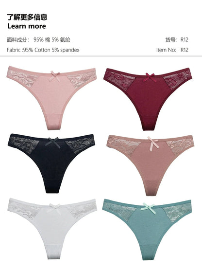 Moonflame 5Pcs Women Cotton Lace Thongs Sexy Low Waist Panties Solid Comfort Underwear Solid Breathable G-String Soft Lingerie - A-1 Thread Vault