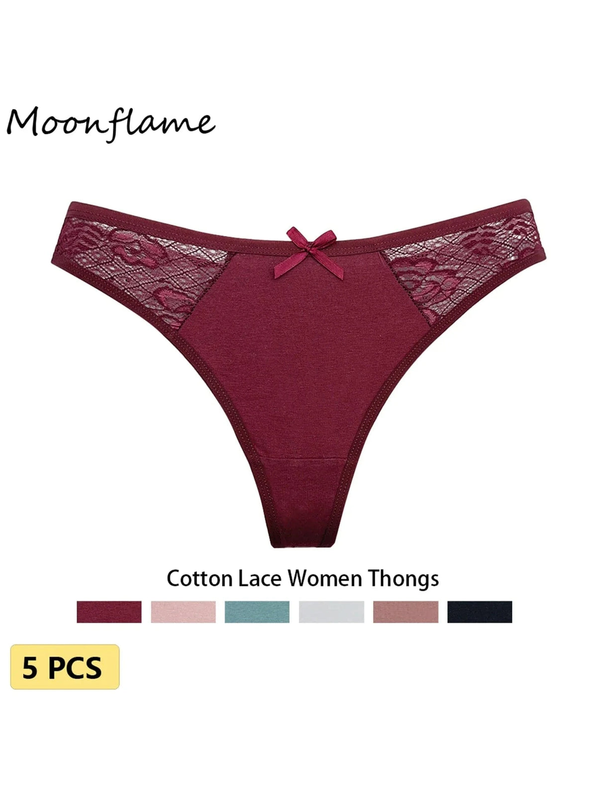 Moonflame 5Pcs Women Cotton Lace Thongs Sexy Low Waist Panties Solid Comfort Underwear Solid Breathable G-String Soft Lingerie - A-1 Thread Vault
