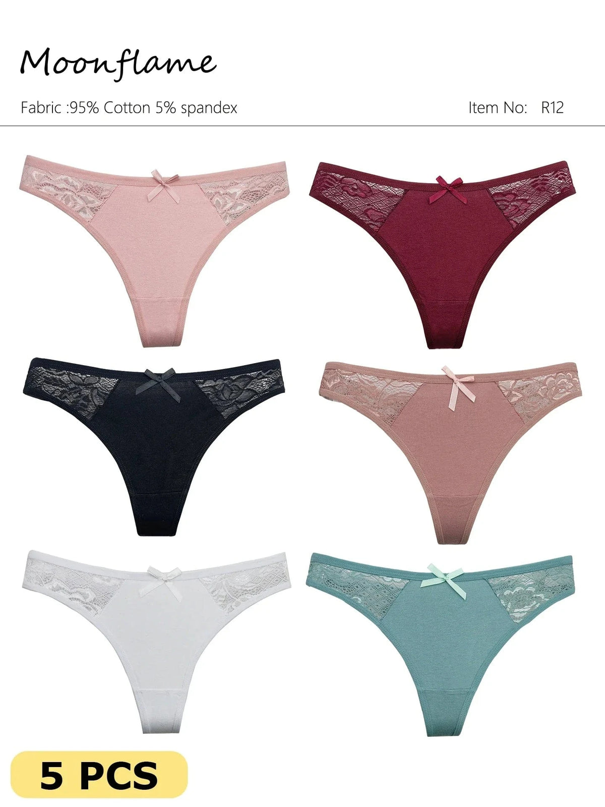 Moonflame 5Pcs Women Cotton Lace Thongs Sexy Low Waist Panties Solid Comfort Underwear Solid Breathable G-String Soft Lingerie - A-1 Thread Vault