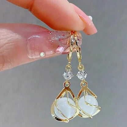 Moonstone Bead Shiny Rhinestone Dangle Earrings - A-1 Thread Vault