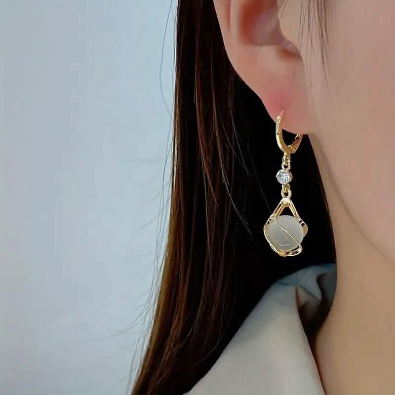 Moonstone Bead Shiny Rhinestone Dangle Earrings - A-1 Thread Vault