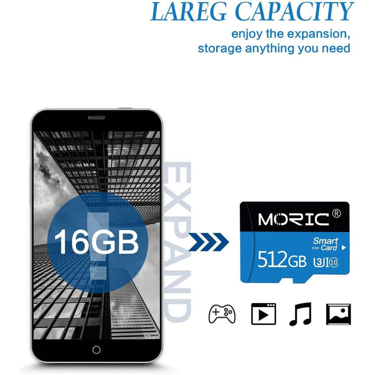 Moric 512GB Micro SD Card with Adapter Class 10 Fast Speed Memory Card (Refurbished) - A-1 Thread Vault