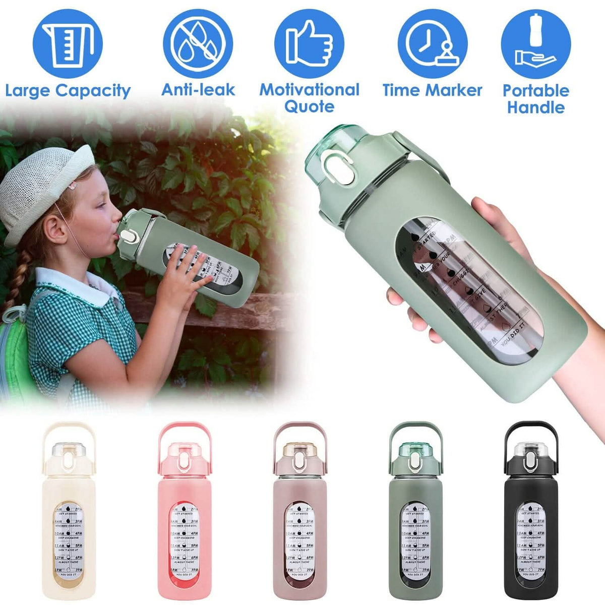 Motivational Water Bottle Intake Tracker with Straw Time Marker Silicone Sleeve Handle - A-1 Thread Vault