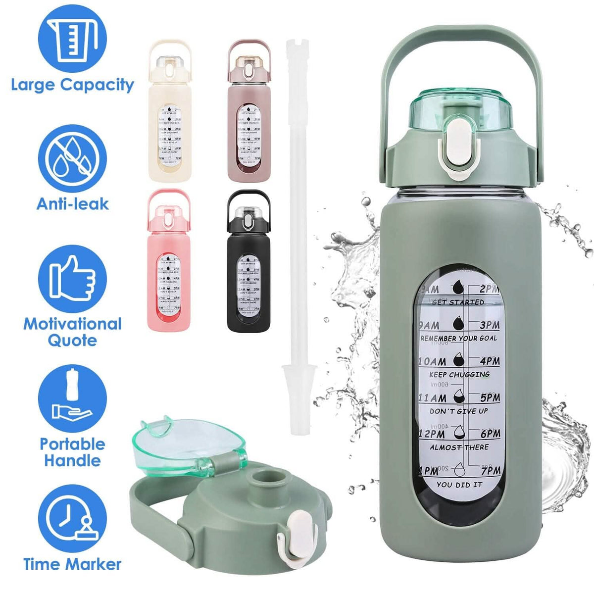 Motivational Water Bottle Intake Tracker with Straw Time Marker Silicone Sleeve Handle - A-1 Thread Vault