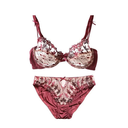MOYISU Pure Desire Victoria Thin Bra Set Lace Mesh Red Beautiful Back Sex Underwear Hold Up with Underwire Transparent Bra Woman - A-1 Thread Vault