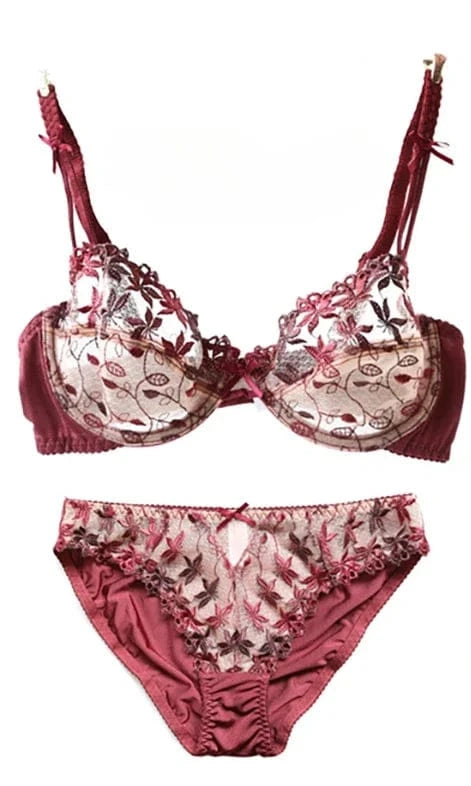 MOYISU Pure Desire Victoria Thin Bra Set Lace Mesh Red Beautiful Back Sex Underwear Hold Up with Underwire Transparent Bra Woman - A-1 Thread Vault