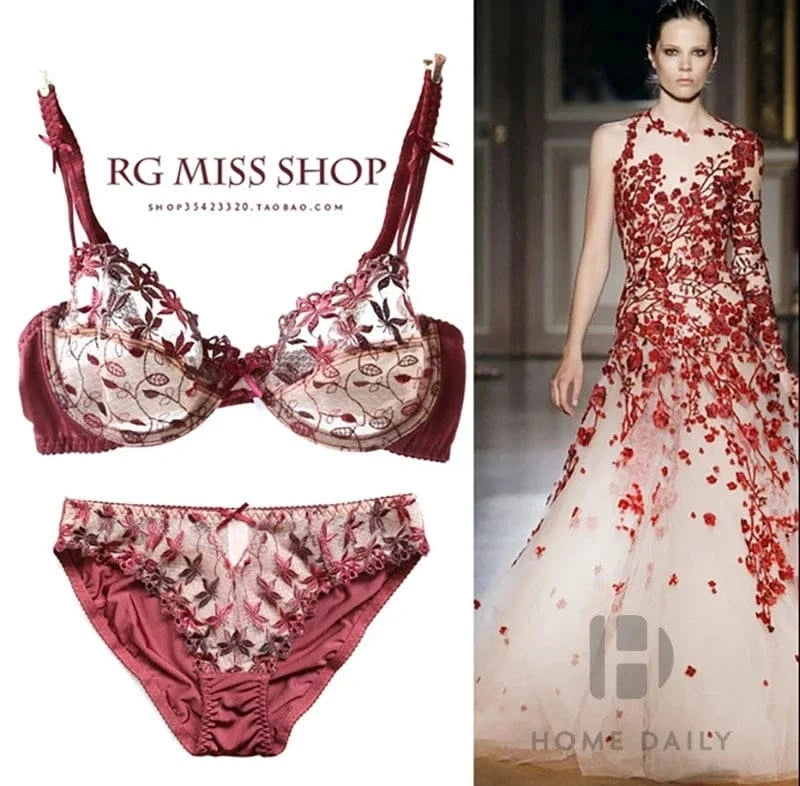 MOYISU Pure Desire Victoria Thin Bra Set Lace Mesh Red Beautiful Back Sex Underwear Hold Up with Underwire Transparent Bra Woman - A-1 Thread Vault