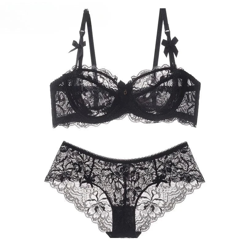 MOYISU Summer Lingerie Set Sheer French Lace Minimiser Bra Briefs Ultra Thin Sexy Women's Underwear Big Bust Sexy Tushy & Panty - A-1 Thread Vault