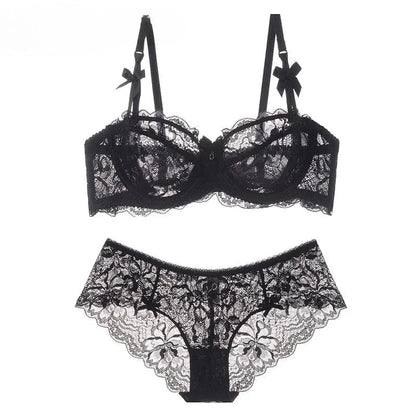 MOYISU Summer Lingerie Set Sheer French Lace Minimiser Bra Briefs Ultra Thin Sexy Women's Underwear Big Bust Sexy Tushy & Panty - A-1 Thread Vault