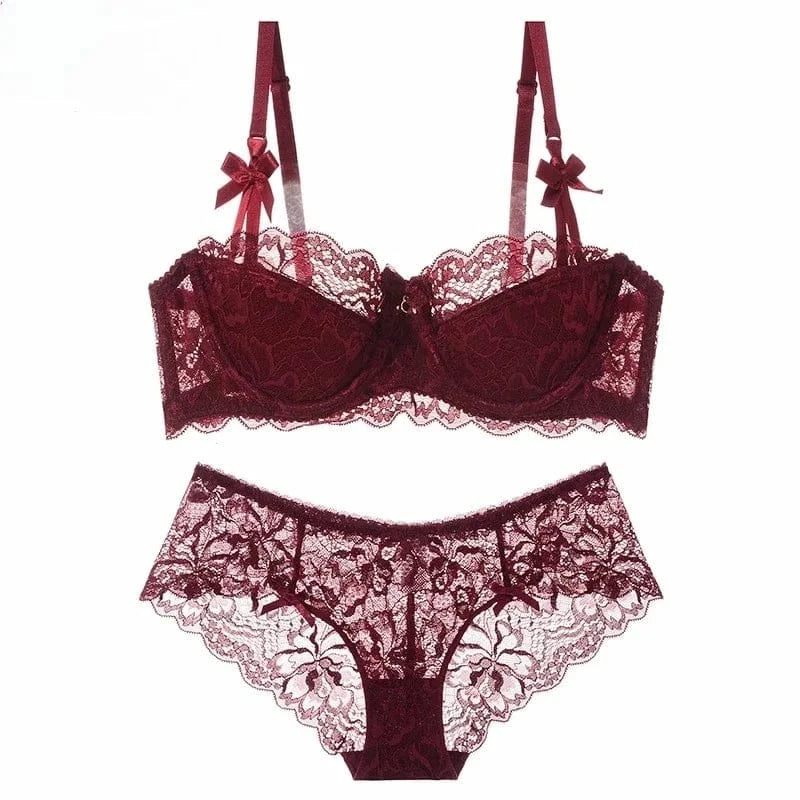MOYISU Summer Lingerie Set Sheer French Lace Minimiser Bra Briefs Ultra Thin Sexy Women's Underwear Big Bust Sexy Tushy & Panty - A-1 Thread Vault