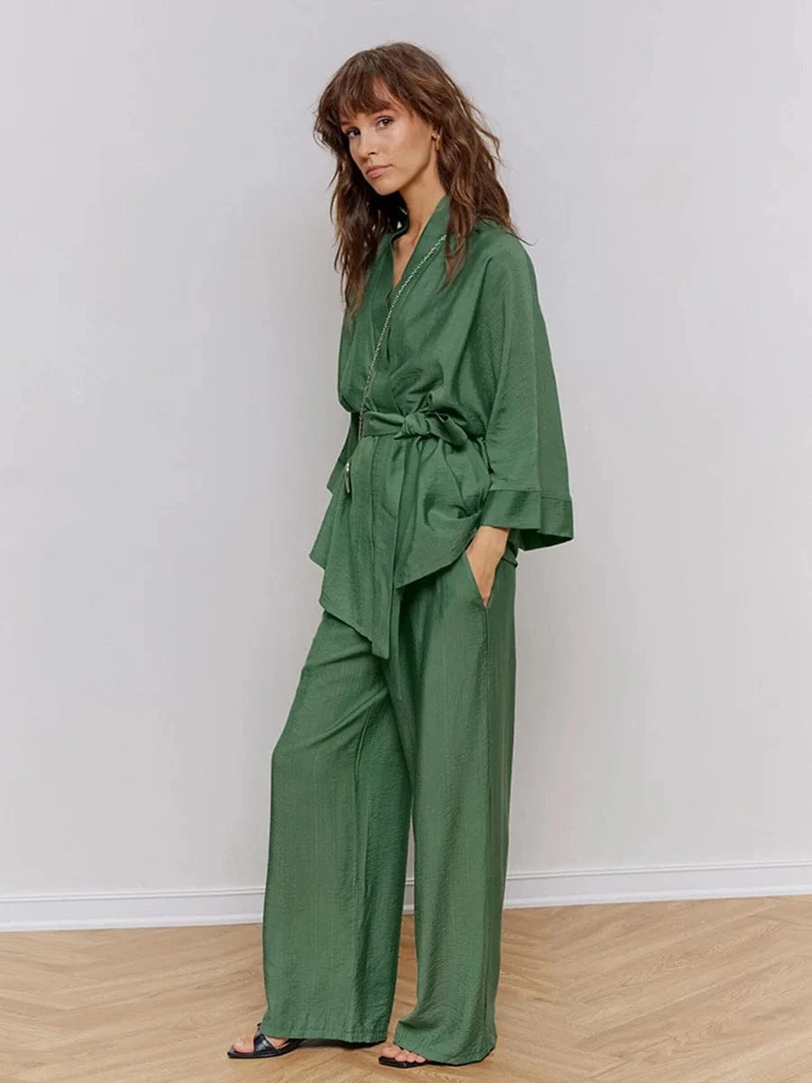 Mozuleva Women's Long Sleeved Pajama Set New Autumn Green Lace Up Pajamas Loose Pants Leisure Home Clothing 2-piece Set - A-1 Thread Vault