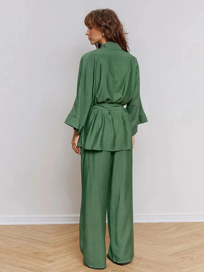 Mozuleva Women's Long Sleeved Pajama Set New Autumn Green Lace Up Pajamas Loose Pants Leisure Home Clothing 2-piece Set - A-1 Thread Vault