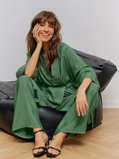 Mozuleva Women's Long Sleeved Pajama Set New Autumn Green Lace Up Pajamas Loose Pants Leisure Home Clothing 2-piece Set - A-1 Thread Vault