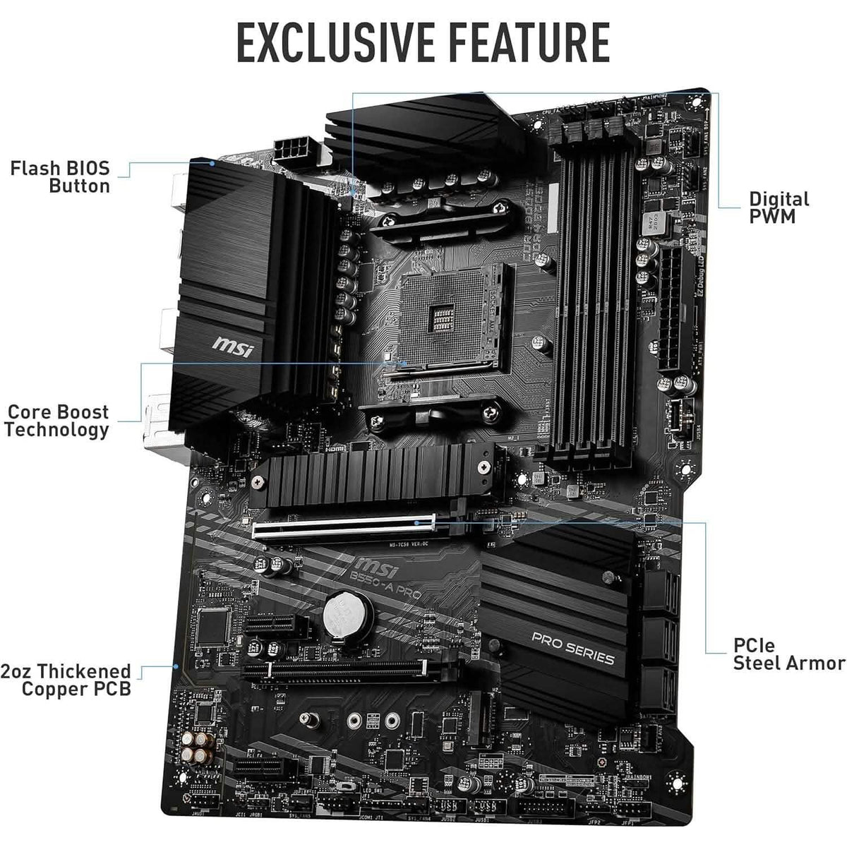 MSI B550-A PRO ProSeries Motherboard (AMD AM4, DDR4, PCIe 4.0, SATA 6Gb/s, M.2, USB 3.2 Gen 2, HDMI/DP, ATX) (Refurbished) - A-1 Thread Vault