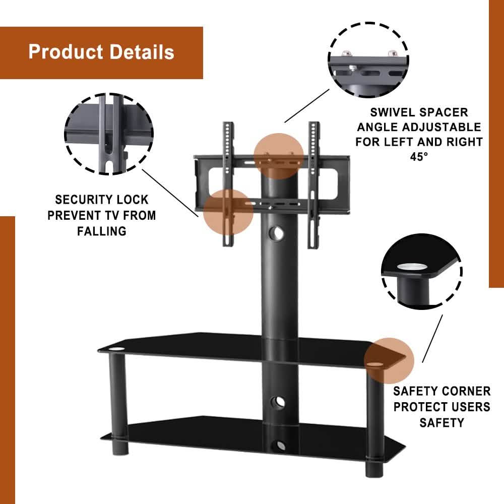 Multi-Function Angle and Height Adjustable Tempered Glass Metal Frame Floor TV Stand - A-1 Thread Vault