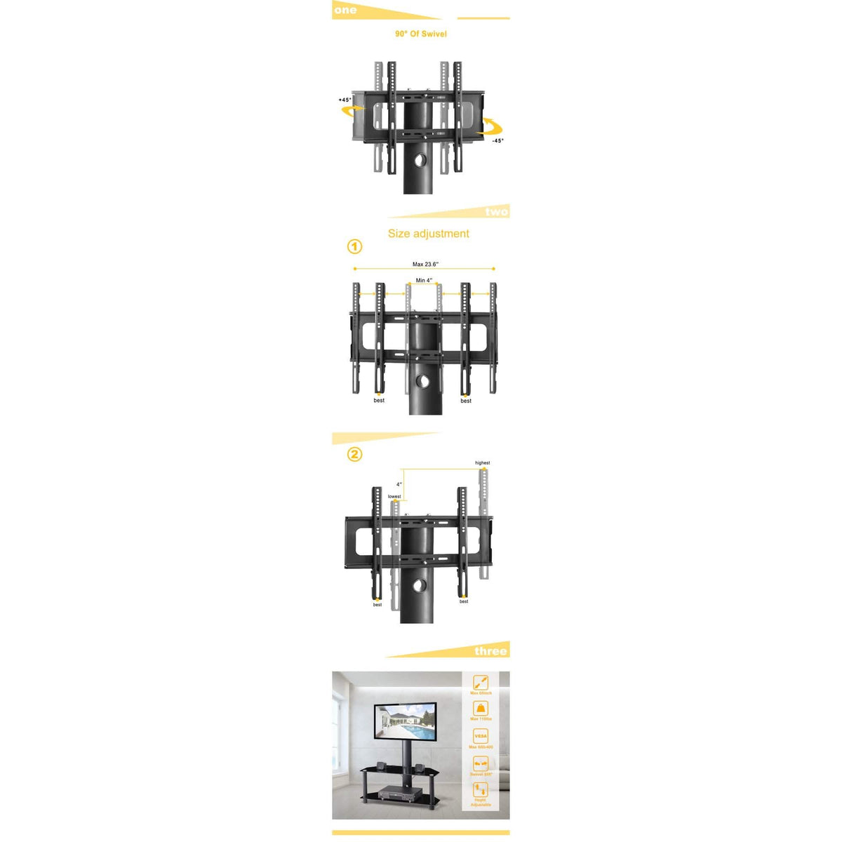 Multi-Function Angle and Height Adjustable Tempered Glass Metal Frame Floor TV Stand - A-1 Thread Vault