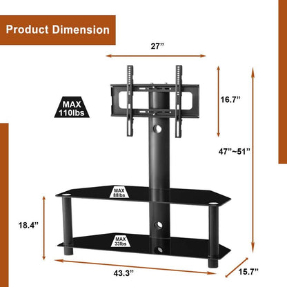 Multi-Function Angle and Height Adjustable Tempered Glass Metal Frame Floor TV Stand - A-1 Thread Vault
