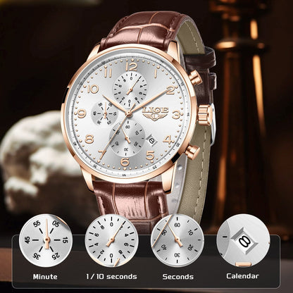 A round LIGE chronograph watch with a white face, gold-tone hour markers, and a brown leather strap, displayed with four inset close-up circles highlighting the minute, 1/10 seconds, seconds, and calendar features.