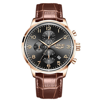 A men's analog wristwatch features a round gold-tone case, a textured brown leather strap, and a black dial with gold Arabic numerals, sub-dials, and a date display.