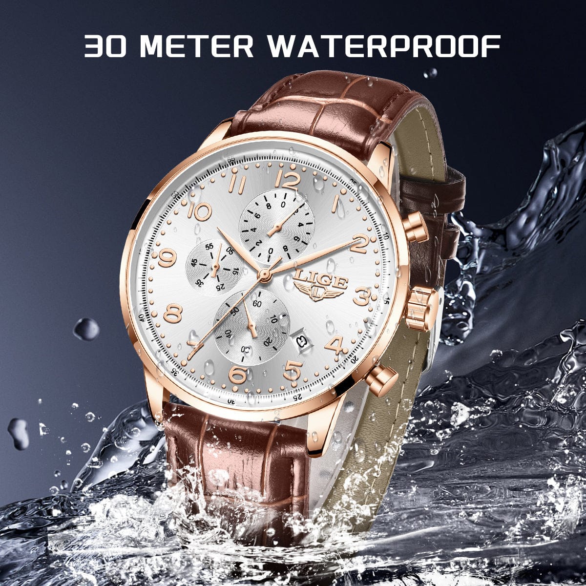 A round silver-faced chronograph watch with rose gold detailing and a brown leather strap sits amidst splashing water against a dark blue background.