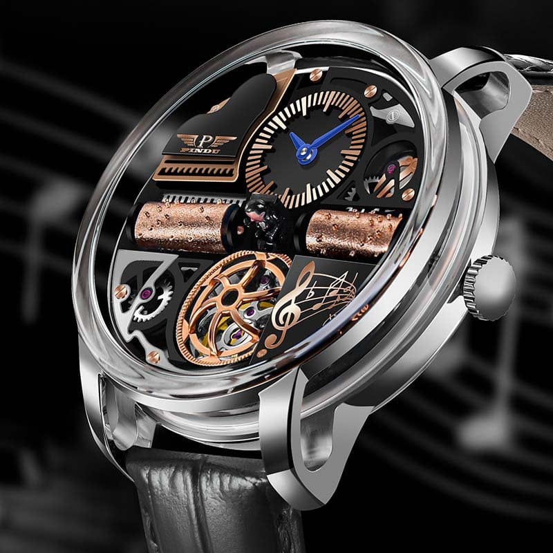 A wrist watch with a complex, open-work mechanical dial featuring a piano-shaped element, rotating cylinders, and a treble clef symbol, housed in a polished silver-tone circular case with a black leather strap.