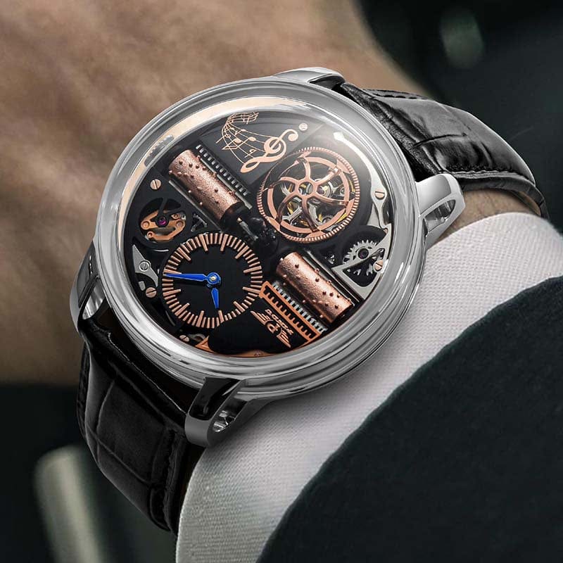 A wrist watch featuring a skeleton dial with visible copper-toned gears, a music note engraving, and a black leather strap worn on a person's wrist.