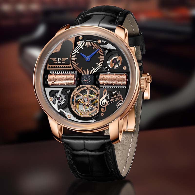 A luxury mechanical watch with a round rose gold case, black dial featuring exposed gold gears and music-themed accents, and a black leather strap.