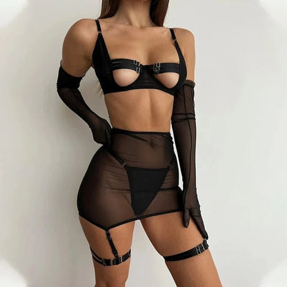 MUZISKAT Summer Sizzler new women's sexy strappy see-through mesh lingerie four-piece set - A-1 Thread Vault
