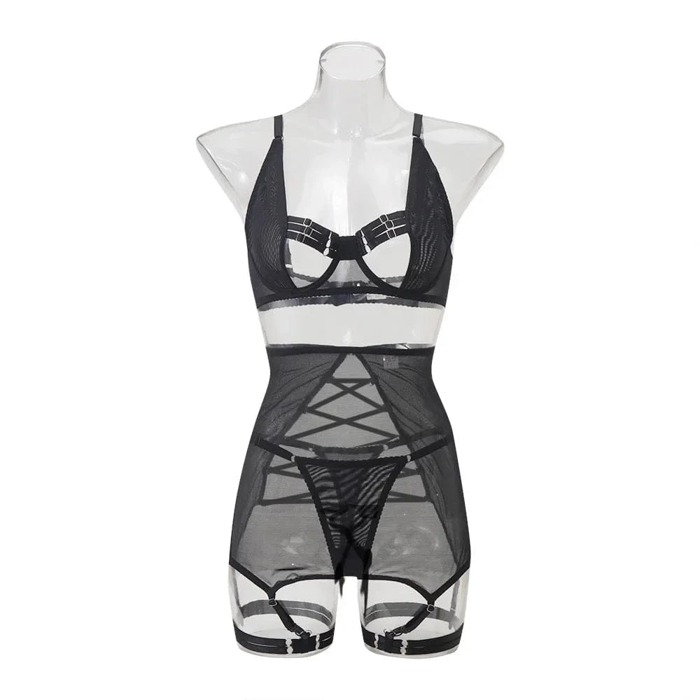 MUZISKAT Summer Sizzler new women's sexy strappy see-through mesh lingerie four-piece set - A-1 Thread Vault