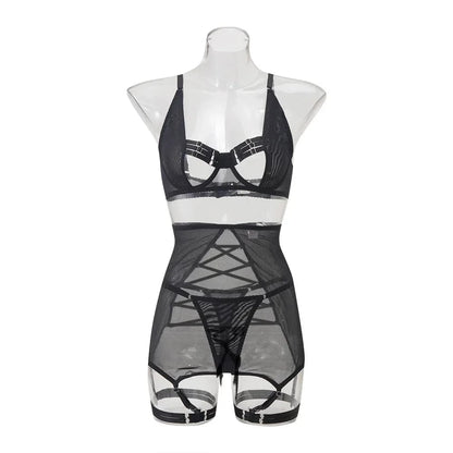 MUZISKAT Summer Sizzler new women's sexy strappy see-through mesh lingerie four-piece set - A-1 Thread Vault