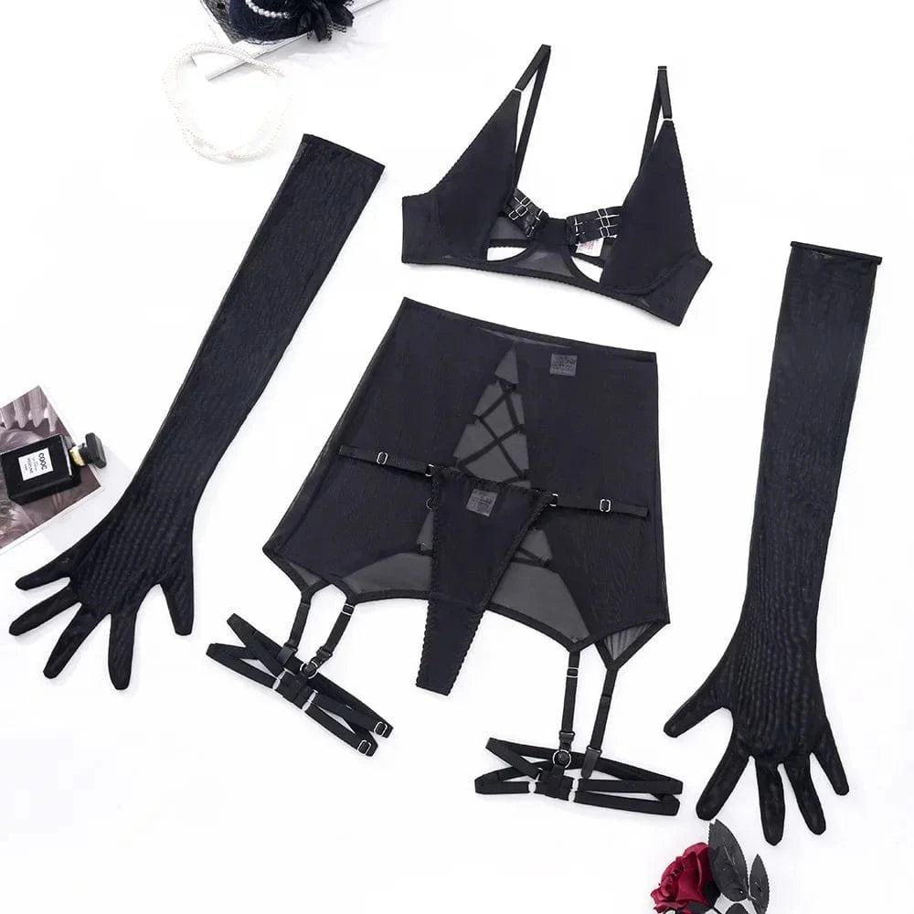 MUZISKAT Summer Sizzler new women's sexy strappy see-through mesh lingerie four-piece set - A-1 Thread Vault