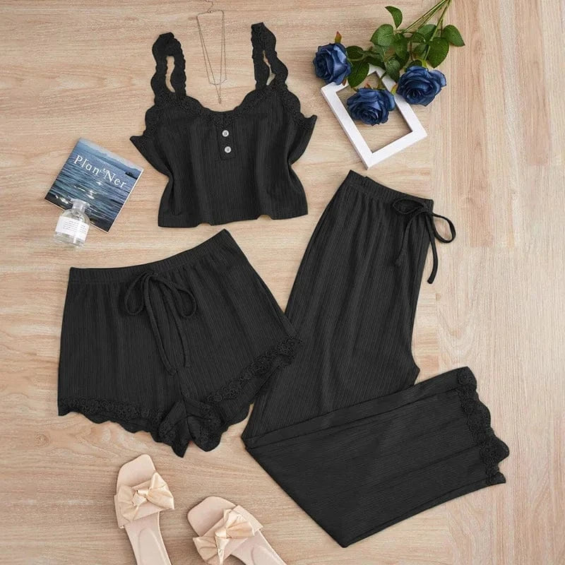New 2025 Women's Summer 3PCS Pajama Sets Solid Vest Shorts and Pants Paired with Lace Splicing for Homewear Sexy Sleepwear Sets - A-1 Thread Vault