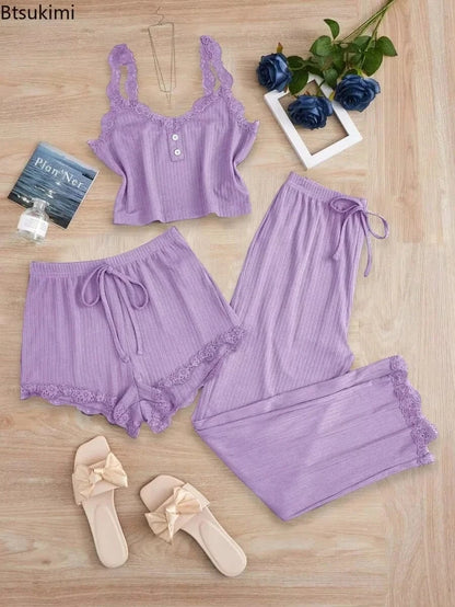 New 2025 Women's Summer 3PCS Pajama Sets Solid Vest Shorts and Pants Paired with Lace Splicing for Homewear Sexy Sleepwear Sets - A-1 Thread Vault