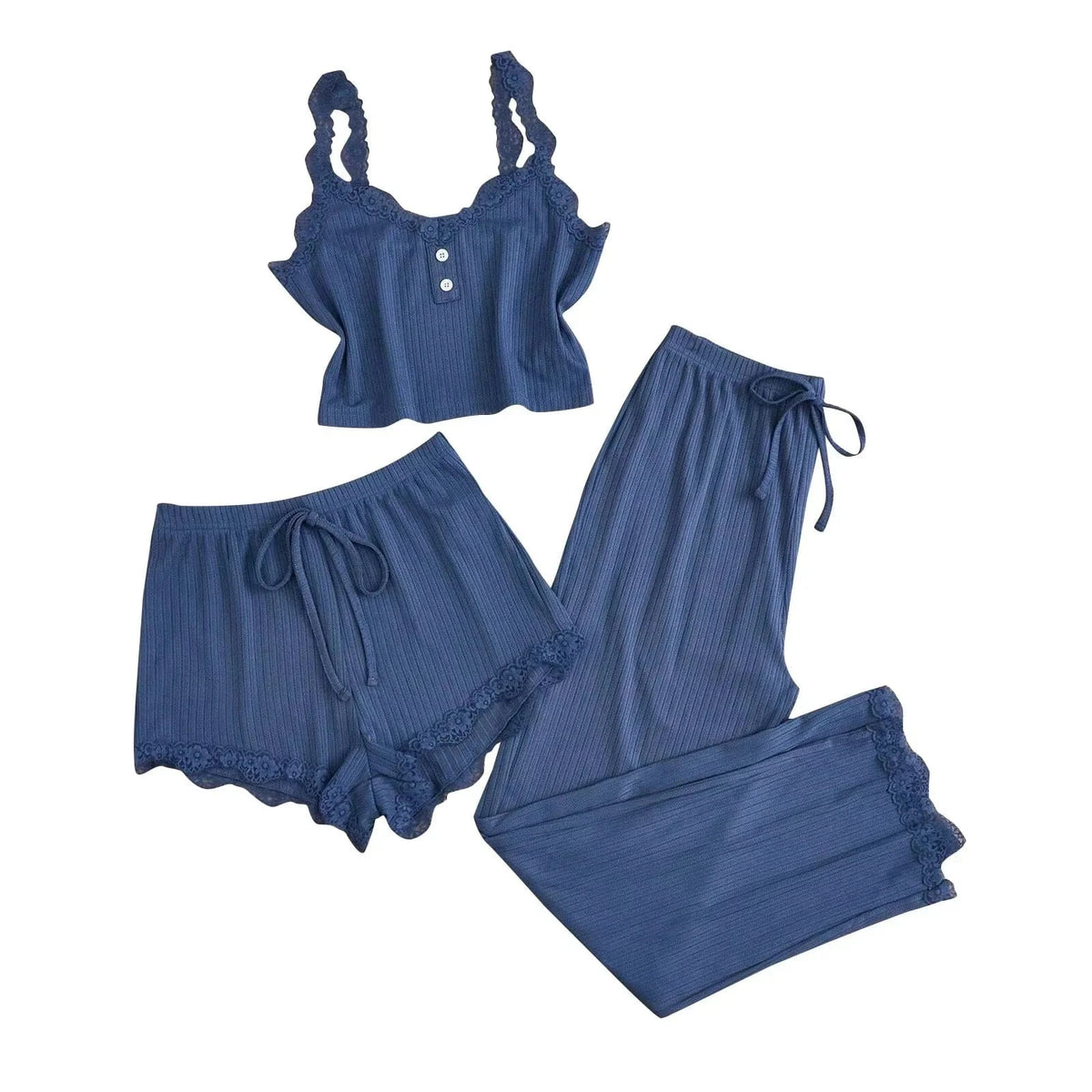 New 2025 Women's Summer 3PCS Pajama Sets Solid Vest Shorts and Pants Paired with Lace Splicing for Homewear Sexy Sleepwear Sets - A-1 Thread Vault