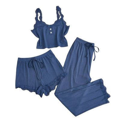 New 2025 Women's Summer 3PCS Pajama Sets Solid Vest Shorts and Pants Paired with Lace Splicing for Homewear Sexy Sleepwear Sets - A-1 Thread Vault