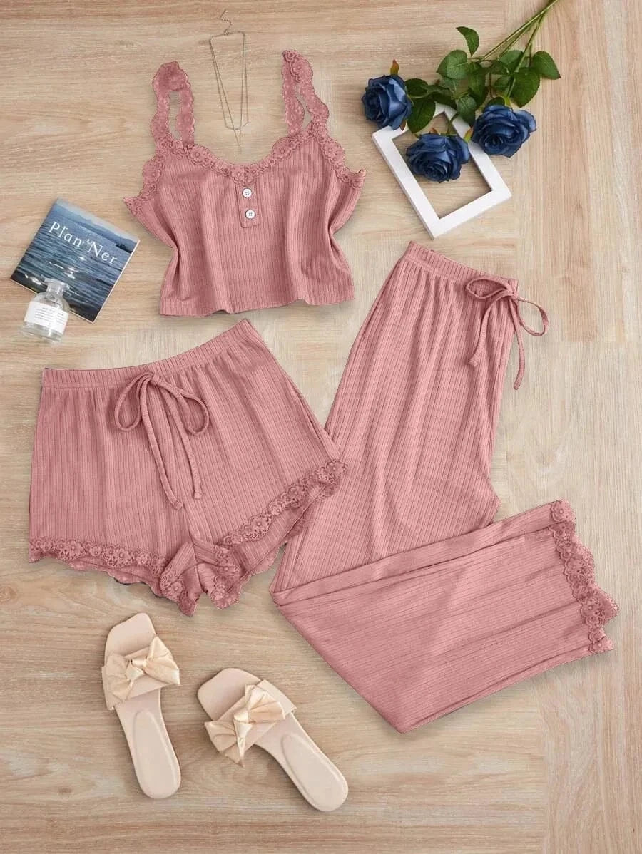 New 2025 Women's Summer 3PCS Pajama Sets Solid Vest Shorts and Pants Paired with Lace Splicing for Homewear Sexy Sleepwear Sets - A-1 Thread Vault