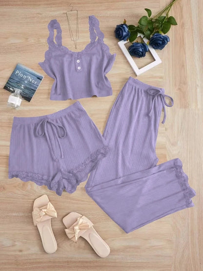 New 2025 Women's Summer 3PCS Pajama Sets Solid Vest Shorts and Pants Paired with Lace Splicing for Homewear Sexy Sleepwear Sets - A-1 Thread Vault
