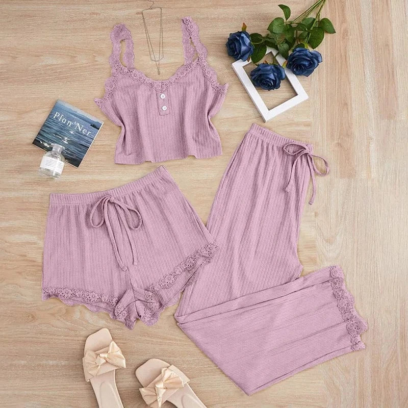 New 2025 Women's Summer 3PCS Pajama Sets Solid Vest Shorts and Pants Paired with Lace Splicing for Homewear Sexy Sleepwear Sets - A-1 Thread Vault