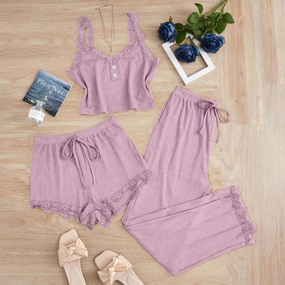 New 2025 Women's Summer 3PCS Pajama Sets Solid Vest Shorts and Pants Paired with Lace Splicing for Homewear Sexy Sleepwear Sets - A-1 Thread Vault